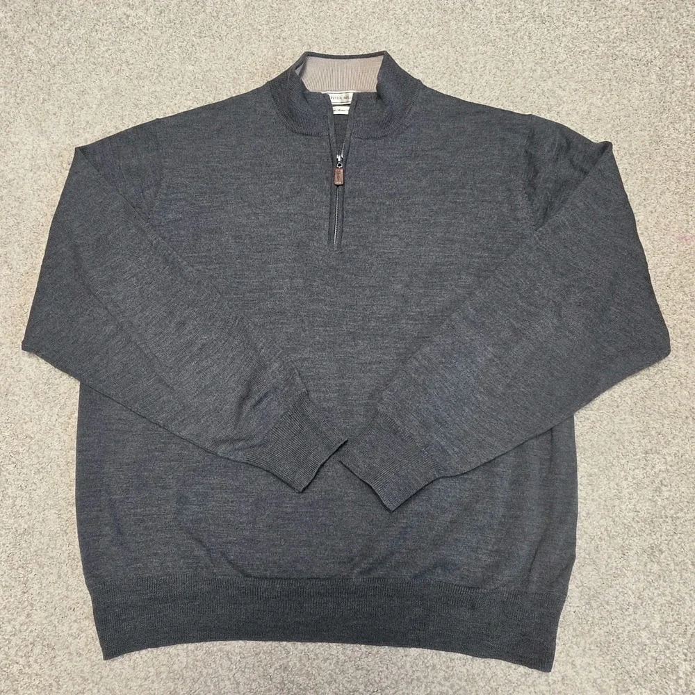 Peter Millar Mens L 100% Merino Wool Quarter Zip Sweater Gray Pullover Preppy